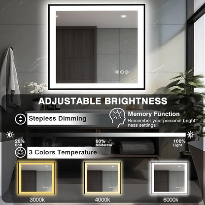 EchosLife 40x38 Lighted Mirrors for Bathroom Wall - Black Aluminum Framed | Black Frame, Front and Backlit, Anti-Fog, Stepless Dimmable, 3 Colors, Memory, Tempered Glass, UL Listed, Horizontal/Vertical