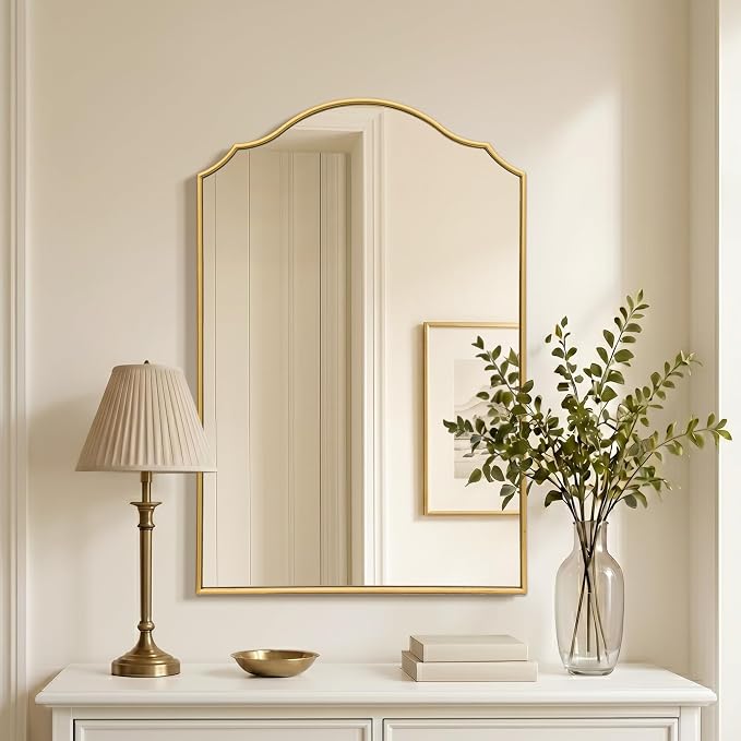 Besdomus Bathroom Mirrors for Over Sink: 24"x36" Gold Wooden Arched Mirror | Modern Minimalist Scalloped Decorative Wall for Vanity/Dresser/Mantel/Bedroom/Entryway/Hallway/Fireplace/Nightstand
