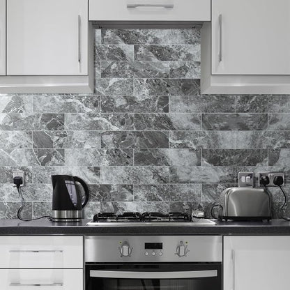 AULIGET 4-Piece Polished Grey Marble with Silver Peel and Stick Backsplash Wall Tiles, 3" x 12" PVC Faux Stone Stick on Tiles for Backsplash Kitchen, Bathroom, Laundry Room, Camper, Fireplace