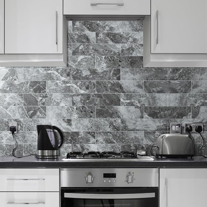 AULIGET 40-Piece Polished Grey Marble with Silver Peel and Stick Backsplash Wall Tiles, 3" x 12" PVC Faux Stone Stick on Tiles for Backsplash Kitchen, Bathroom, Laundry Room, Camper, Fireplace