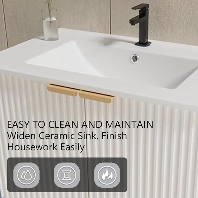Bathroom Vanity with Sink, 30" Wall Mounted Floating Vanity Cabinet, Modern Bathroom Sinks with LED Light, Metal Handle & Double Soft-Close Doors, White