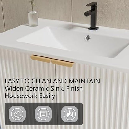 Bathroom Vanity with Sink, 30" Wall Mounted Floating Vanity Cabinet, Modern Bathroom Sinks with LED Light, Metal Handle & Double Soft-Close Doors, White