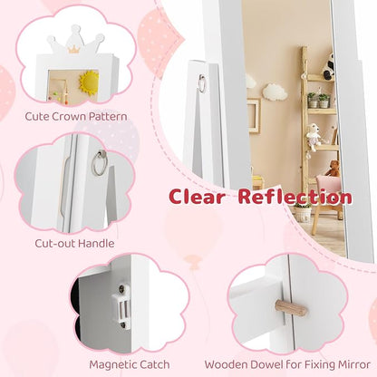 CHARMAID 360° Swivel Kids Jewelry Cabinet, 47" Full Length Mirror with Jewelry Storage, Jewelry Armoire with Drawer and Back Shelf, Kids Vanity Dressing Mirror Jewelry Organizer for Girls (White)