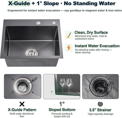 20x16 Inch Drop in Kitchen Sink, 304 Black Stainless Steel Sink | 9" Deep Single Bowl, R10 Tight Corner, 2 Pre-Drilled Holes, Topmount Installation,for Small Kitchen/RV/Bar Sink