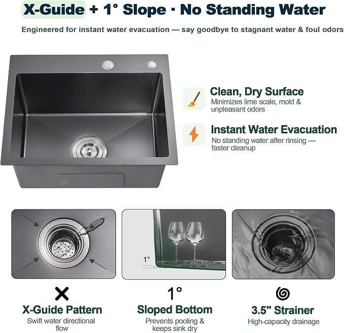 24x18x9 Inch Kitchen Sink, for Modern Kitchen/RV/Outdoor Sink | 304 Stainless Steel Single Bowl, 2-Hole Drop In Installation, R10 Tight Corner, Black
