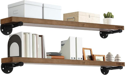 TEN49 Industrial Pipe Wood Wall Shelf - 36" Espresso Real Wooden Shelving - Modern Interior Decor Floating Shelves w/Iron Pipe Brackets - Rustic Farmhouse Style Bookshelf - Set of 2