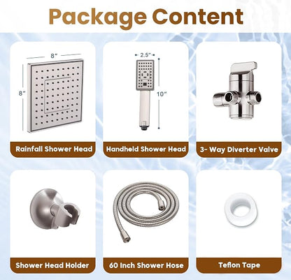 BRIGHT SHOWERS Rain Shower Head with Handheld Spray, 8 Inch Rainfall Shower Head Combo with 60" Hose, Adjustable Dual Square Showerhead Set with 3-Way Diverter, Wall Bracket, Brushed Nickel
