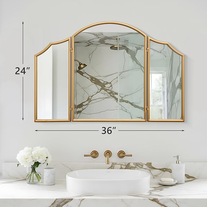 Besdomus Gold Scalloped Vanity Mirror: 36"x24" Three Sided Dresser Miror | Modern Minimalist Wood Frame Arched 3 Way Trifold Mirror for Bedroom/Cloakroom/Dressing Room/Wall - Home Decor for Housewife