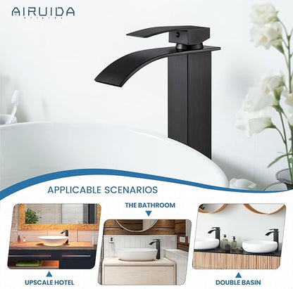 Airuida Tall Vessel Sink Faucet Oil Rubbed Bronze, Single Handle Single Hole Tall Waterfall Bathroom Faucet, Deck Mount Mixer Tap with Large Rectangular Spout Sink Washbasin Faucet Lavatory Vanity