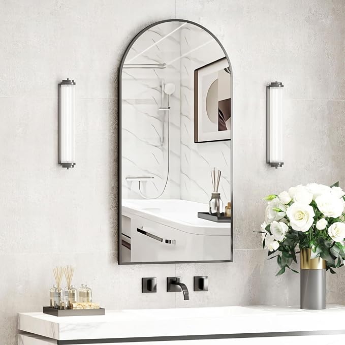 Recessed Medicine Cabinet with Mirror,Black Arched Medicine Cabinet,Arch Bathromm Medicine Cabinet Recessed,Metal Edge Bathroom Mirror with Storage,Surface Mount Mirrored Cabinets 16x31
