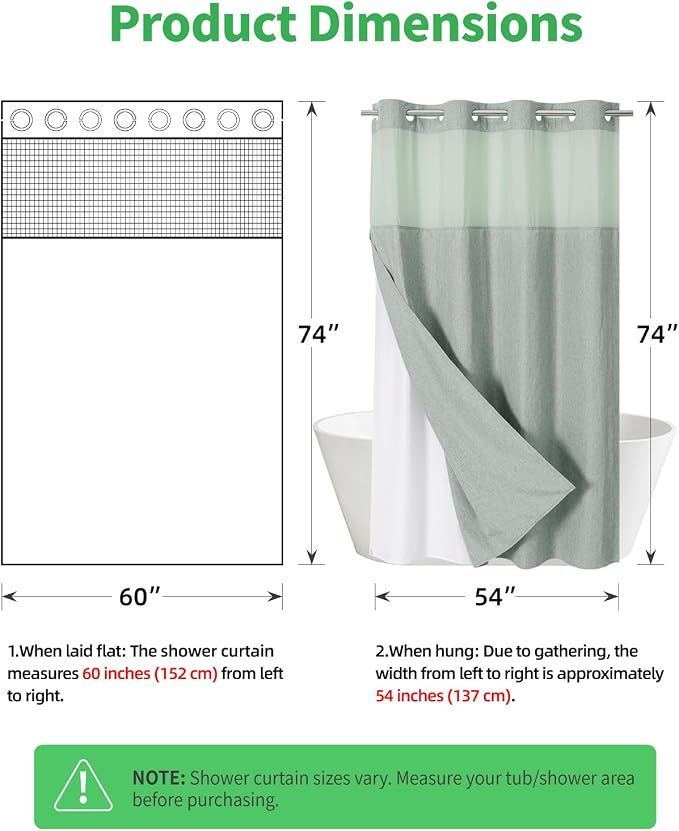 eachope No Hook Fabric Shower Curtain with Snap-in Liner,60x74 Sage Green | Linen Texture,230GSM Thick Fabric,Hotel Luxury Decor,Mesh Window,Waterproof & Machine Washable,for Shower Stall or Bathroom