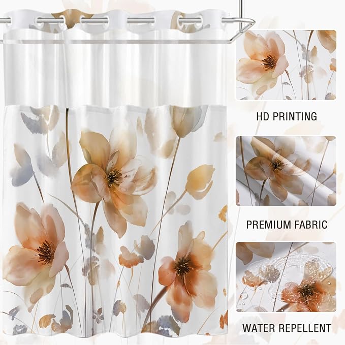 No Hook Shower Curtain and Liner Set, Orange Boho Floral 71x77 | Watercolor Boho Flower, with Snap in Liner, Waterproof, Machine Washable, Quick-Drying, for Hotel Bathroom