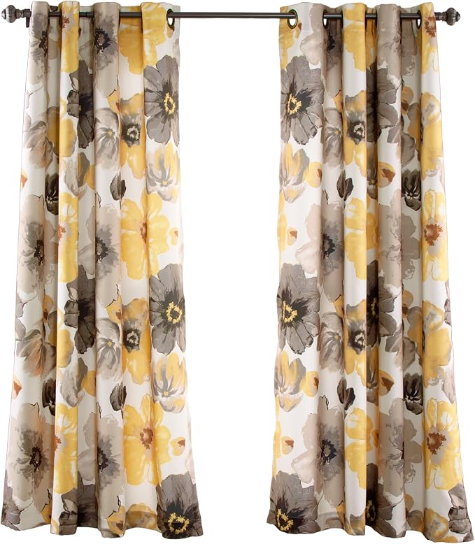 Lush Decor Leah Light Filtering Window Curtain Panels, Pair, 52" W x 95" L, Yellow & Gray - Floral Curtains - Colorful Spring Watercolor Flowers - Long Curtains for Bedroom, Living Room & Dining Room