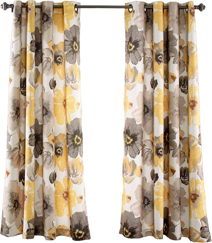 Lush Decor Leah Light Filtering Window Curtain Panels, Pair, 52" W x 95" L, Yellow & Gray - Floral Curtains - Colorful Spring Watercolor Flowers - Long Curtains for Bedroom, Living Room & Dining Room
