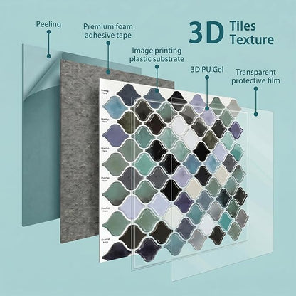 Arttown Peel and Stick 3D Wall Backsplash 10-Sheet 12" × 12" Moroccan Teal | Subway Tile Self Adhesive Thicker Design Wall Tiles Panel Wallpaper for Kitchen Bathroom Balcony Rental Housing