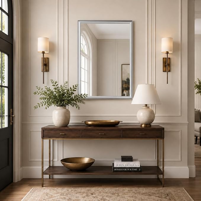 24x36 Inch Brushed Nickel Bathroom Mirror for Over Sink | Curved Aluminum Frame Rectangle Vanity Mirror for Bedroom Living Room Entryway, HD Tempered Glass, Anti-Rust