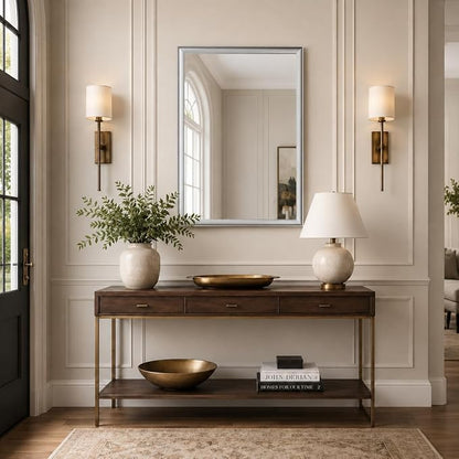 24x36 Inch Brushed Nickel Bathroom Mirror for Over Sink | Curved Aluminum Frame Rectangle Vanity Mirror for Bedroom Living Room Entryway, HD Tempered Glass, Anti-Rust