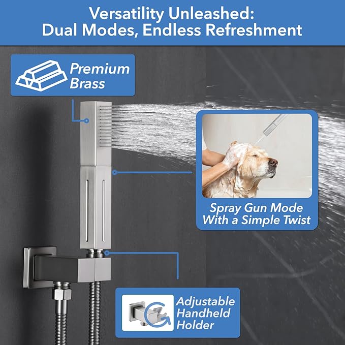 VANFOXLE Shower Faucet Set Brushed Nickel Shower System,Four Modes Shower Faucet with 2 in 1 Handheld,Wall Mount 10 Inch Shower Head with Waterfall Spout, 4 PCS Dual Modes Body Jets