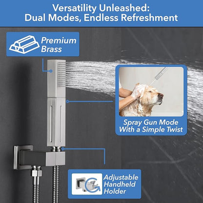 VANFOXLE Shower Faucet Set Brushed Nickel Shower System,Four Modes Shower Faucet with 2 in 1 Handheld,Wall Mount 10 Inch Shower Head with Waterfall Spout, 4 PCS Dual Modes Body Jets