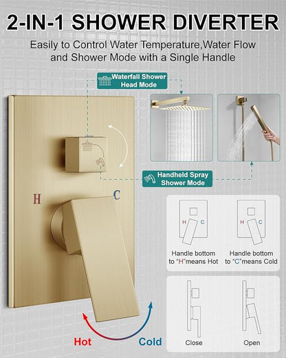 Shower Faucet Set Rainfall Shower System with Square Showerhead and Handle Set Fixture with 2 in 1 Function Handheld Sprayer Wall Mounted Trim Repair Kit Rough-in Valve 10 Inch Brushed Gold