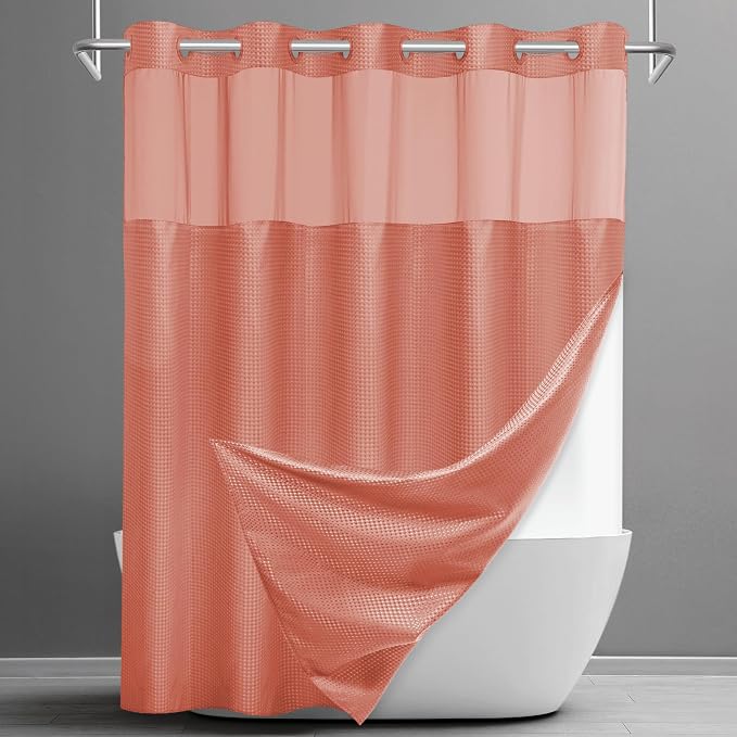 SORTTO No Hook Shower Curtain with Snap in Liner Set Waffle Shower Curtain for Bathroom Hotel Style Fabric Waterproof Inner Liner，71" W x 74" H, Coral