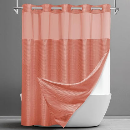 SORTTO No Hook Shower Curtain with Snap in Liner Set Waffle Shower Curtain for Bathroom Hotel Style Fabric Waterproof Inner Liner，71" W x 74" H, Coral