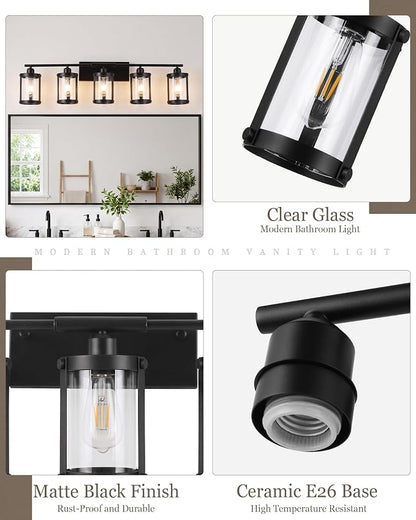 5-Light Matte Black Bathroom Light Fixtures Over Mirror with Clear Glass and Metal Cage Shade, 38" UL-Listed Modern Farmhouse Wall Sconce for Bath, Hardwire E26, OS-3014BK-5W