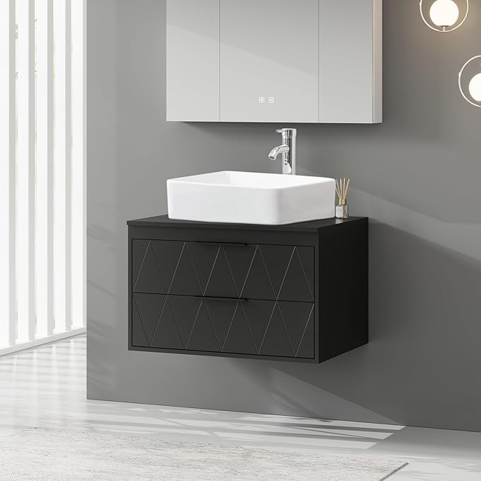 eclife 30" Floating Bathroom Vanities with Sink Combo, Wall Mounted Modern Cabinet W/Diamond Line Pattern Design, White Rectangle Ceramic Vessel Sink W/Water Save Faucet & Pop Up Drain, Black