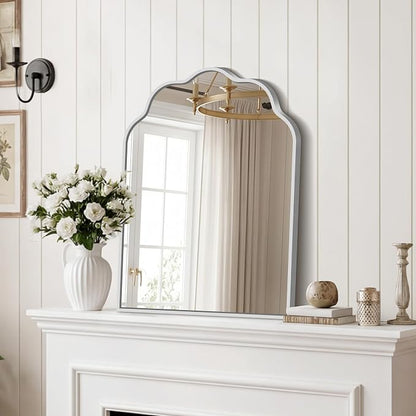 Scalloped Arched Mirror, 18×24Inch Silver Mirror for Bathroom, Wavy Wall Mounted Vanity Mirror with Aluminum Alloy Frame for Livingroom Bedroom and Entryway, Tempered Glass