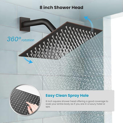 gotonovo Tub Shower Faucet Set with Valve Kit 8’’ Head,Oil Rubbed Bronze | Shower System with Tub Spout,SUS304 Rain Head with Handheld Sprayer,Swivel Spout,All Metal,Rough-In Valve Trim Kit,Wall Mount