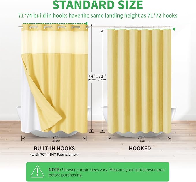 eachope No Hook Linen Texture Shower Curtain with Snap-in Liner,71x74 Gold | 230GSM Thick Fabric,Hotel Luxury Decor,Mesh Top Window,Magnetic Weighted Hem,Waterproof & Machine Washable,for Bathroom