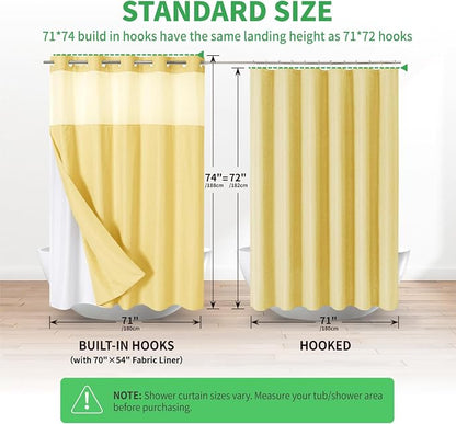 eachope No Hook Linen Texture Shower Curtain with Snap-in Liner,71x74 Gold | 230GSM Thick Fabric,Hotel Luxury Decor,Mesh Top Window,Magnetic Weighted Hem,Waterproof & Machine Washable,for Bathroom