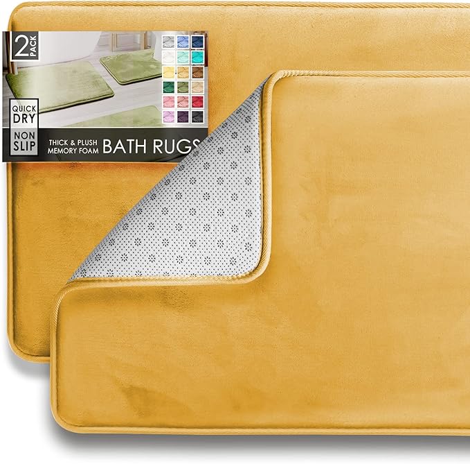 Clara Clark 2 Piece Bathroom Rugs Bath Mat Set, Velvet Memory Foam Bath Mats for Bathroom - Non-Slip, PVC Backing Bath Rugs, Washable - Dries Quickly, Gold
