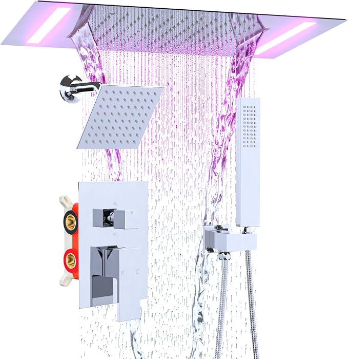 ENGA Dual Rain Shower Head System, 2 In 1 Functions Ceiling Mount 14x20inch LED Shower Head with 6 Inch Shower Head, Rainfall Waterfall Shower Faucet Set, Chrome
