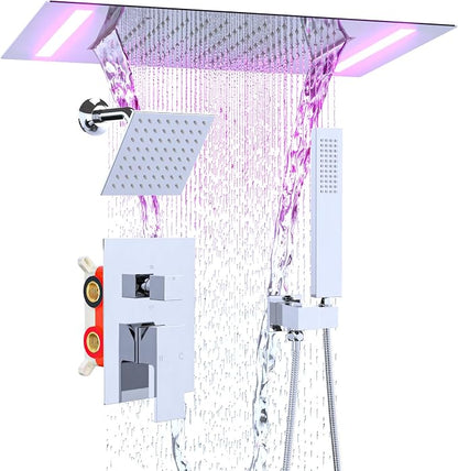 ENGA Dual Rain Shower Head System, 2 In 1 Functions Ceiling Mount 14x20inch LED Shower Head with 6 Inch Shower Head, Rainfall Waterfall Shower Faucet Set, Chrome