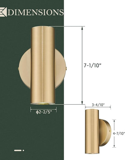 Wall Sconces Set of Two, 2-Light Brass Wall Sconce, Indoor Up and Down Wall Lamp, Wall Light for Bedroom Bathroom Stair Hallway, WL4830-2W-BB-2pk