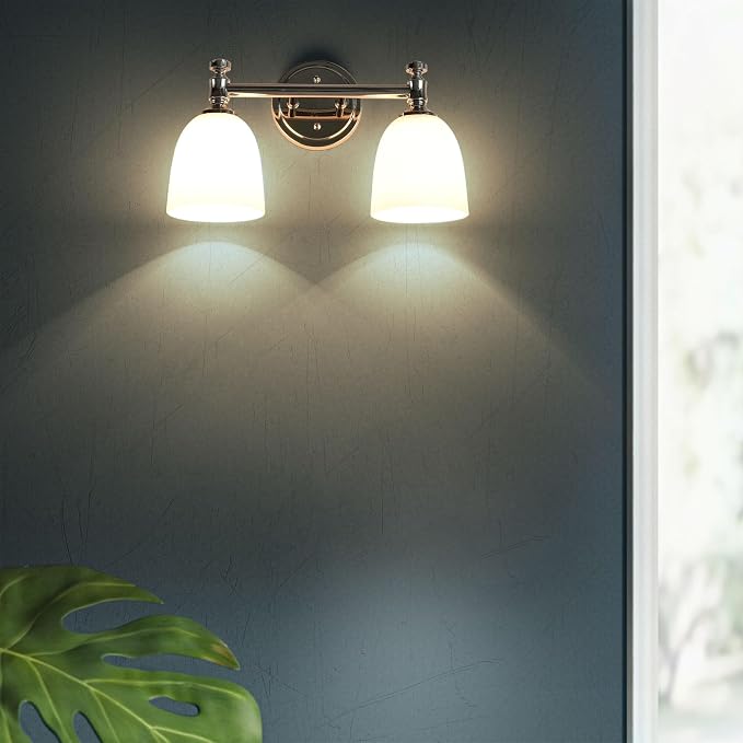 Bathroom Vanity Light, 2-Light Bathroom Light Fixtures Over Mirror, Traditional Vanity Lights for Living Room, Milk White Bell Glass Shades, Standard E26 Base, Polished Nickel