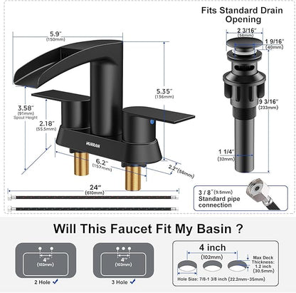 Bathroom Sink Faucet for 3 Hole, Hurran 4 Inch Bathroom Faucets with Pop-up Drain, Stainless Steel 2-Handle Waterfall Faucet for Bathroom Sink, Matte Black