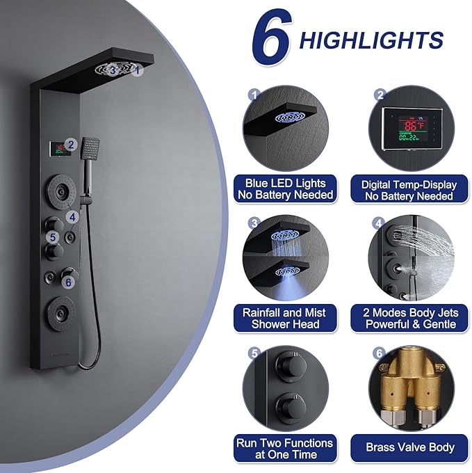 ROVATE LED Shower Panel Tower System with Rainfall Mist Shower Head, Matte Black 6-in-1 Shower Tower with Jets and Handheld and Digital Temperature Display, High Pressure Shower Column with Tub Spout
