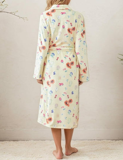 Women Fleece Fruit Print Robe Cute Robes for Women Spring Summer Lightweight Bathrobe Soft Flannel Gown with Belt