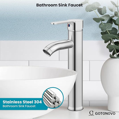gotonovo Modern Vessel Sink Faucet with ABS Pop Up Drain, Polish Chrome | Modern Tall Bathroom Faucet 1 Hole Single Handle Round Body, cUPC Water Supply Hoses, Basin Mixer Tap for Vanity Lavatory Rv