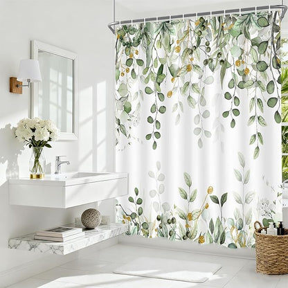 Sage Green Eucalyptus Botanical Narrow Shower Curtain, Watercolor Plants Foliage Floral Bathroom Decor, Cottagecore Waterproof Fabric Small Stall Shower Curtain Set with Hooks 47X64 Inch