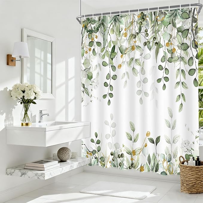 Sage Green Eucalyptus Leaves Shower Curtain, Watercolor Plants Foliage Floral Bathroom Curtains, Cottagecore Waterproof Botanical Fabric Cloth Long Shower Curtain with Hooks 72X75 Inch