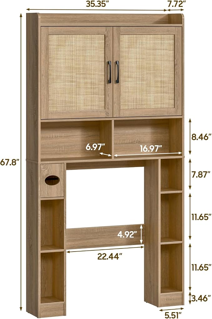 Vabches Over The Toilet Storage Cabinet with Barn Doors, Rattan Oak | Toilet Cabinet Rack, Space Saving Bathroom Organizer with Shelves, Toilet Paper Holder and Towel Rack for Bathroom,Laundry.