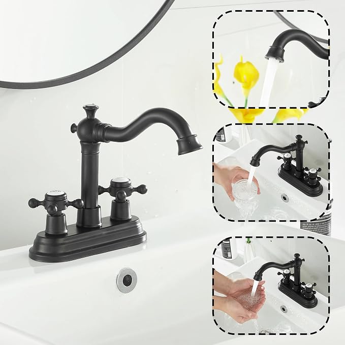 Bathroom Faucet Matte Black 2 Handles 4 Inches Centerset Black Bathroom Vanity with Drain Assembly and Supply Hose Lavatory Faucet