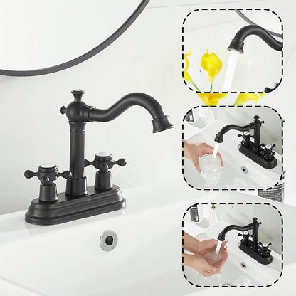 Bathroom Faucet Matte Black 2 Handles 4 Inches Centerset Black Bathroom Vanity with Drain Assembly and Supply Hose Lavatory Faucet