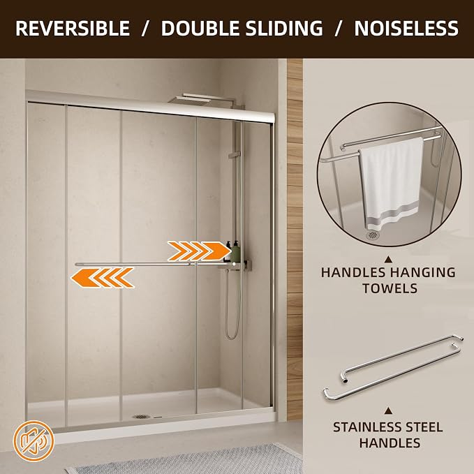 Royal Guard Double Sliding Shower Door,56-60" W x 70" H,Chrome | Shower Doors with 6mm Clear SGCC Tempered Glass,Bypass Shower Enclosure,Nano Coating Easy Clean&Waterproof&Adjustable Width