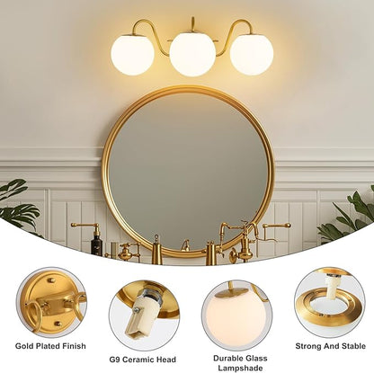 3 Lights Vintage Bathroom Vanity Light Fixtures Over Mirror, Brushed Gold Vanity Lights For Bathroom With Milk White Glass Globe Shade, Wall lights For Bedroom, Hallway, Dressing Table,Includ G9 Bulbs