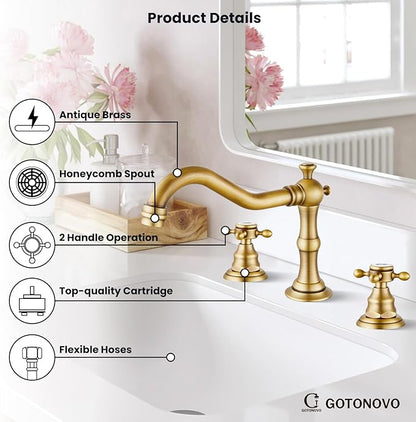 gotonovo Bathroom Faucet 3 Hole 8 Inch Widespread Bathroom Sink Faucet 2 Cross Handles Vintage Lavatory Vanity Mixer Tap with Pop Up Drain, Round Font Label, Antique Brass