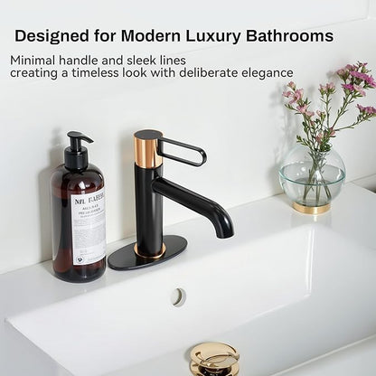 Single Handle Bathroom Faucet for 1 or 3 Hole with Deck Plate, Durable Brass Body, Leak-Free Cartridge, Hot/Cold Water Mixer, Easy Install, Luxury Matte Black Sink Faucet Single Hole for Vessel Vanity
